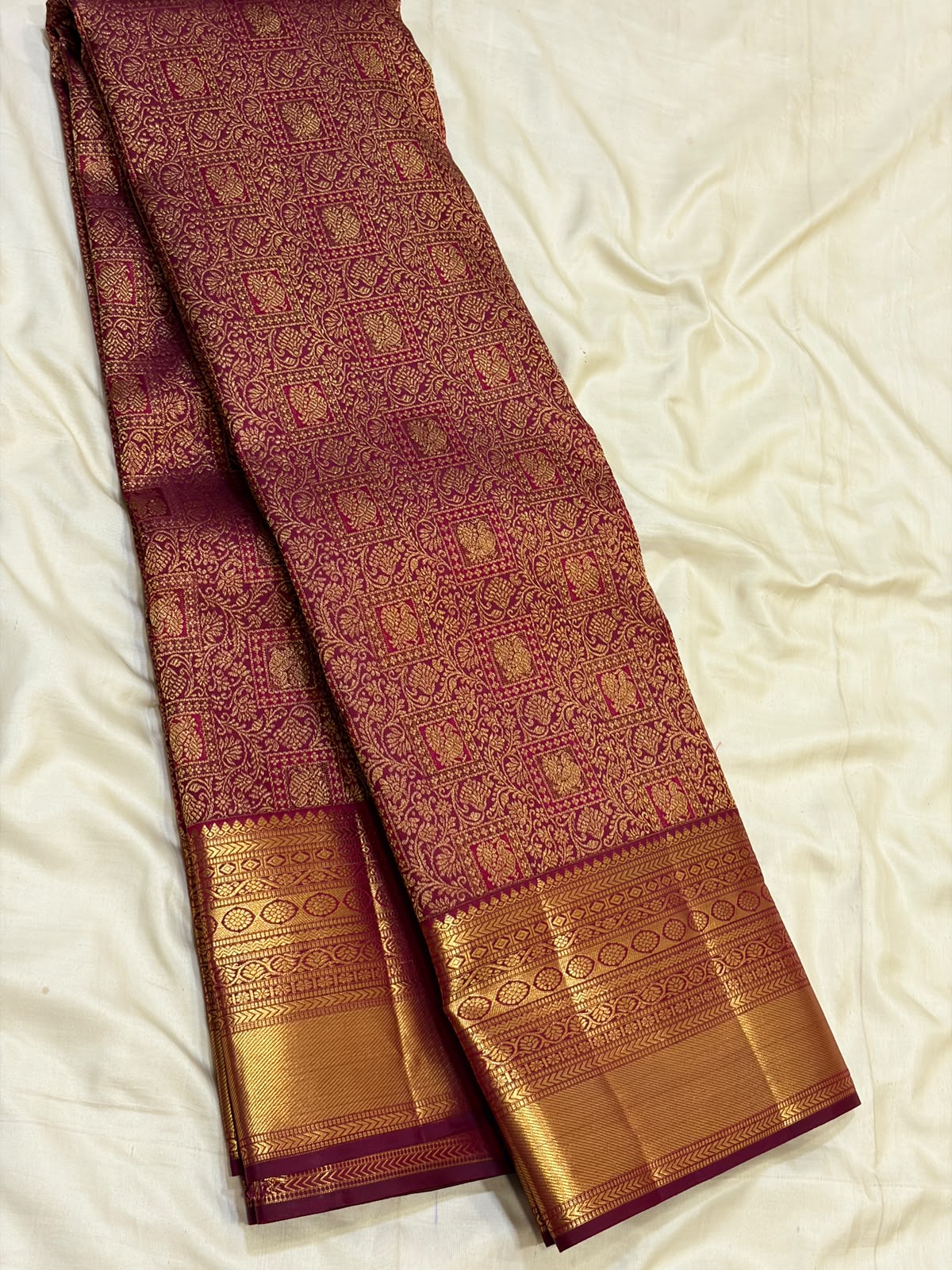 Deep Wine Floral Brocade Kanchipuram Bridal Silk Saree
